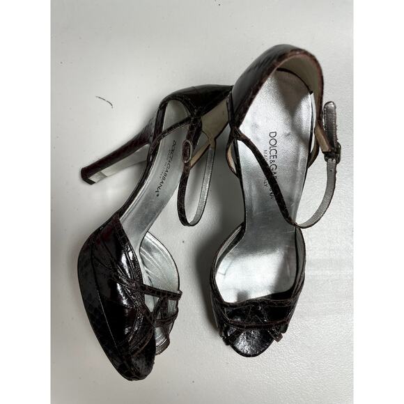 DOLCE & GABBANA Snakeskin Peep Toe High Heel Sandals Brown Leather Women's 37 - Picture 1 of 13